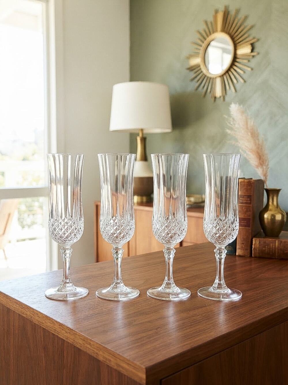 Vintage Cut Crystal Champagne Flutes – Set of 4 Elegant Paneled Stemware